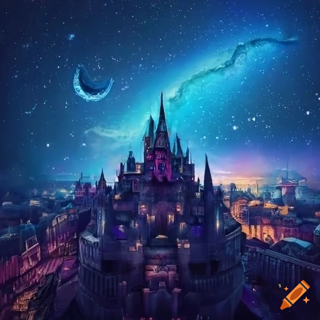 a vibrant fantasy city bustling with life under the starry sky castle in the distance
