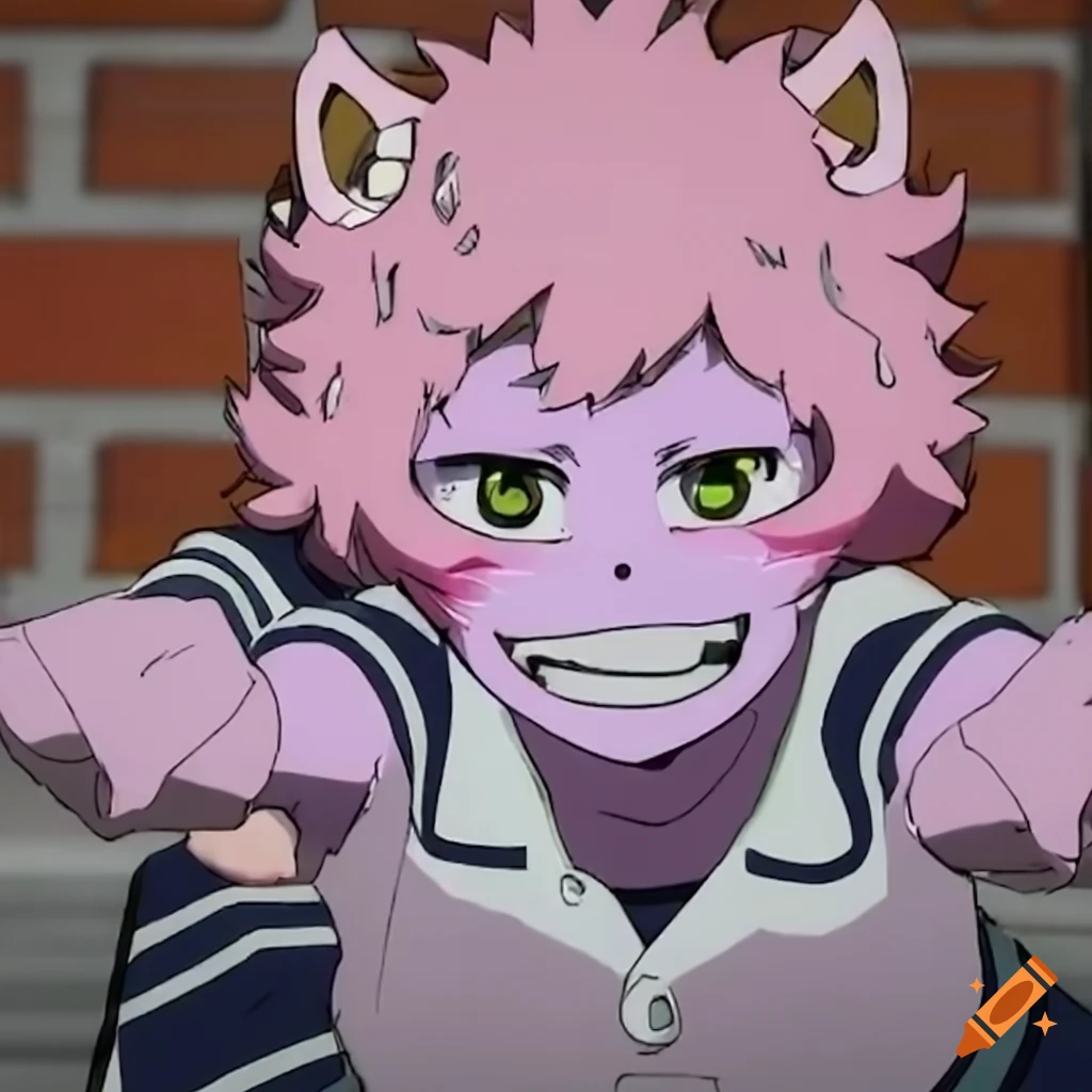 Wide screen zoomed out still image screenshot capture of scene with Mina Ashido from my hero academia wearing school uniform leaning against brick wall, left leg bent to support foot against wall, have her holding a phone in one hand, on a running track, with bleachers and sports field in background off to the left side