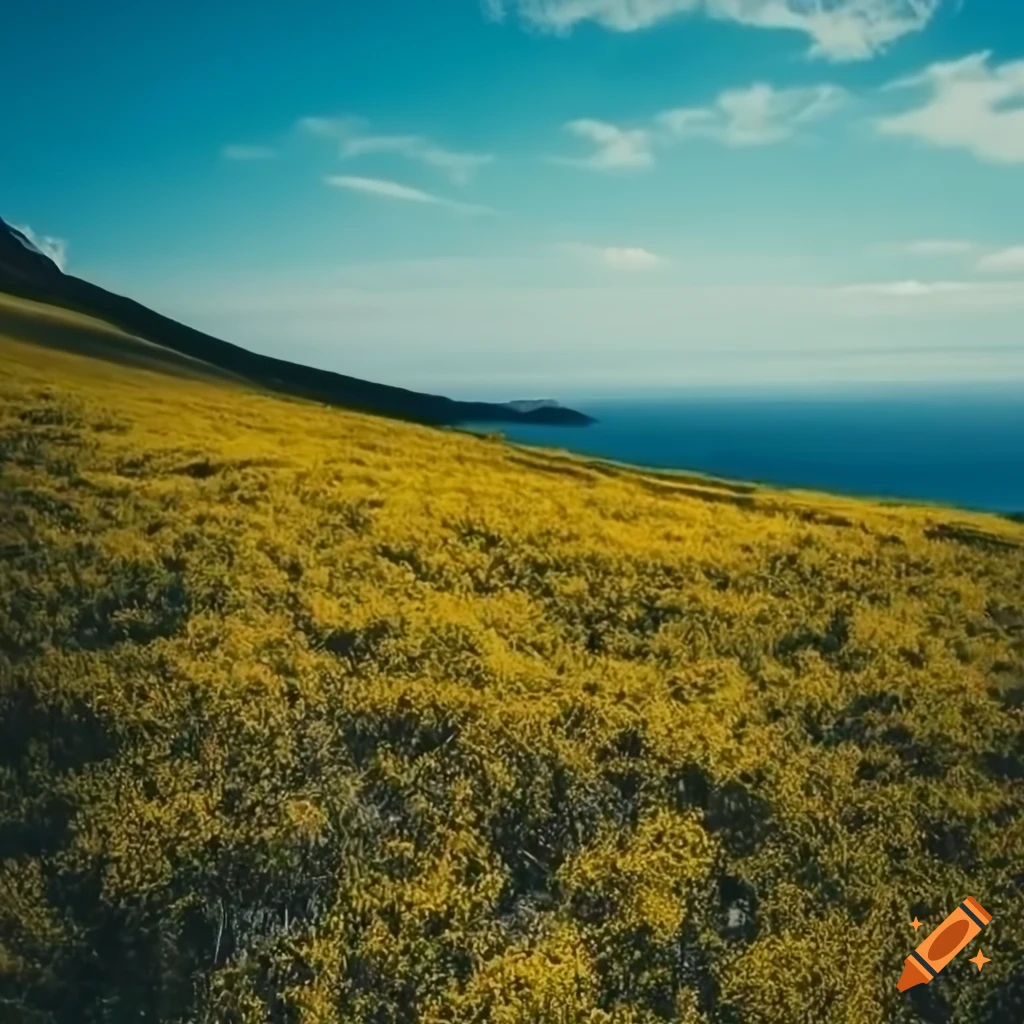 golden field with mountains and ocean view
