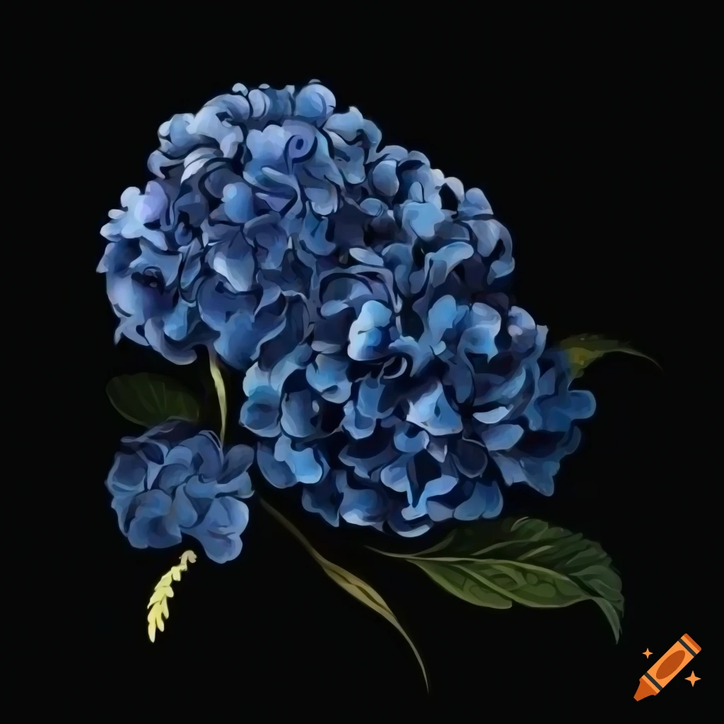 baroque-style illustration of Hydrangea flowers on a black background