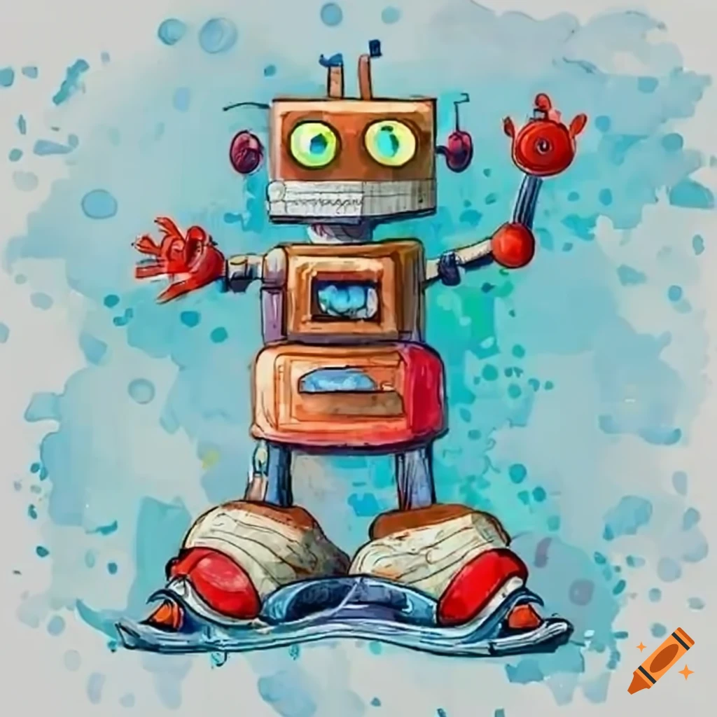 a cartoon robot with big shoes and a silly expression