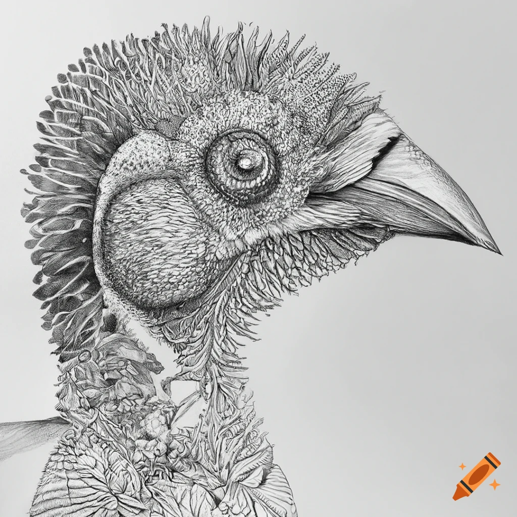 greyscale sketches of exotic birds with intricate patterns