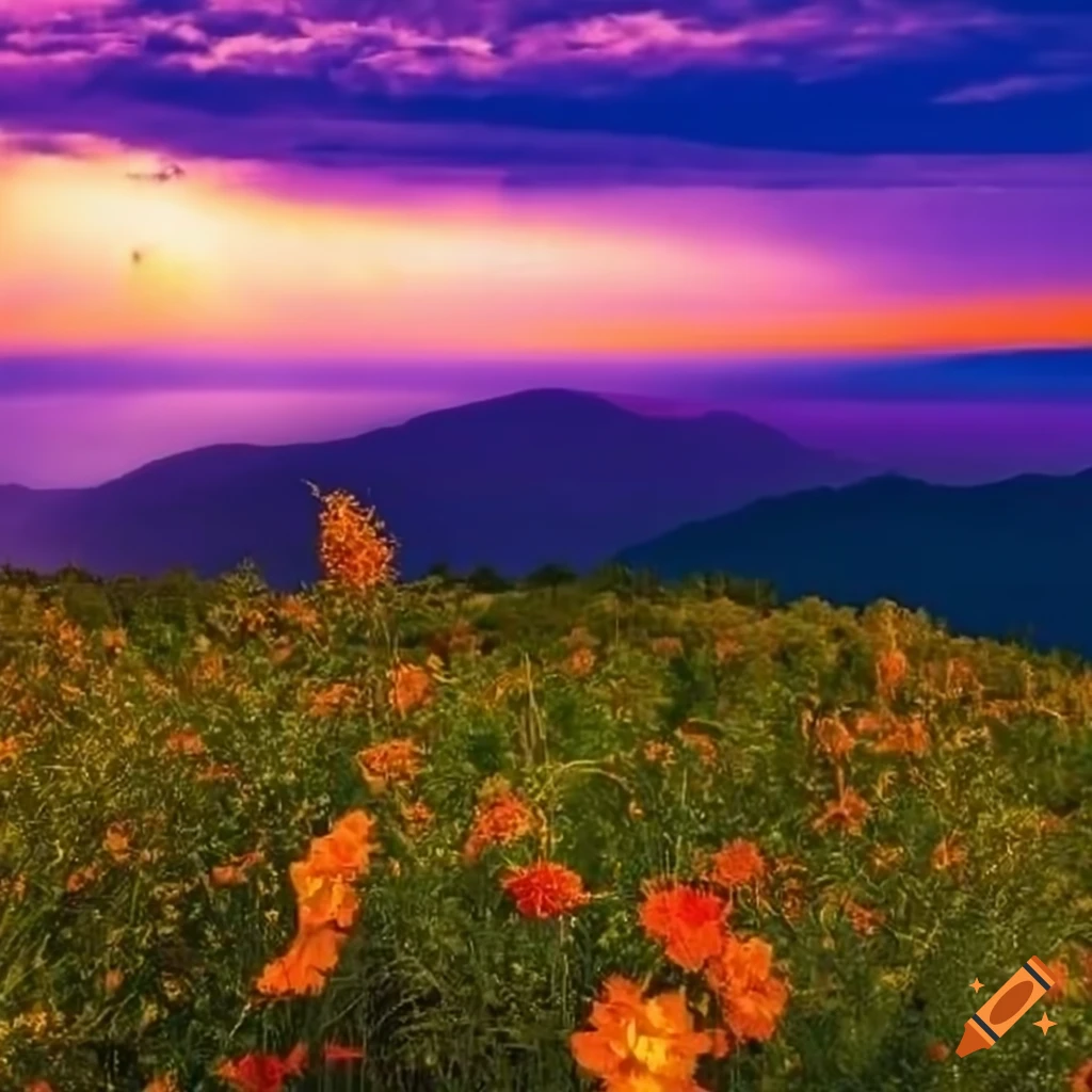 vibrant field of flowers under a purple sky with orange lightning