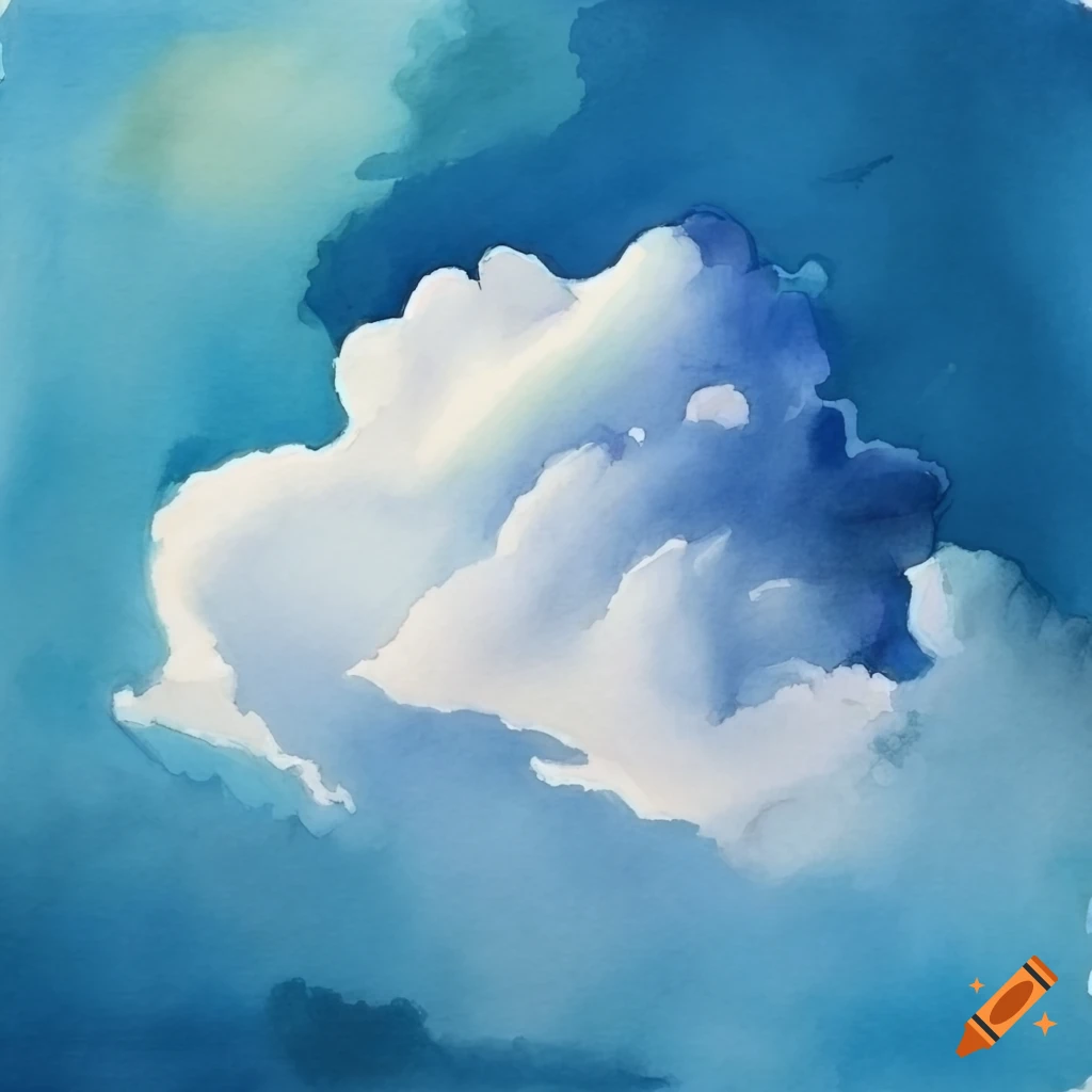 watercolor painting of a bright blue sky with fluffy white clouds