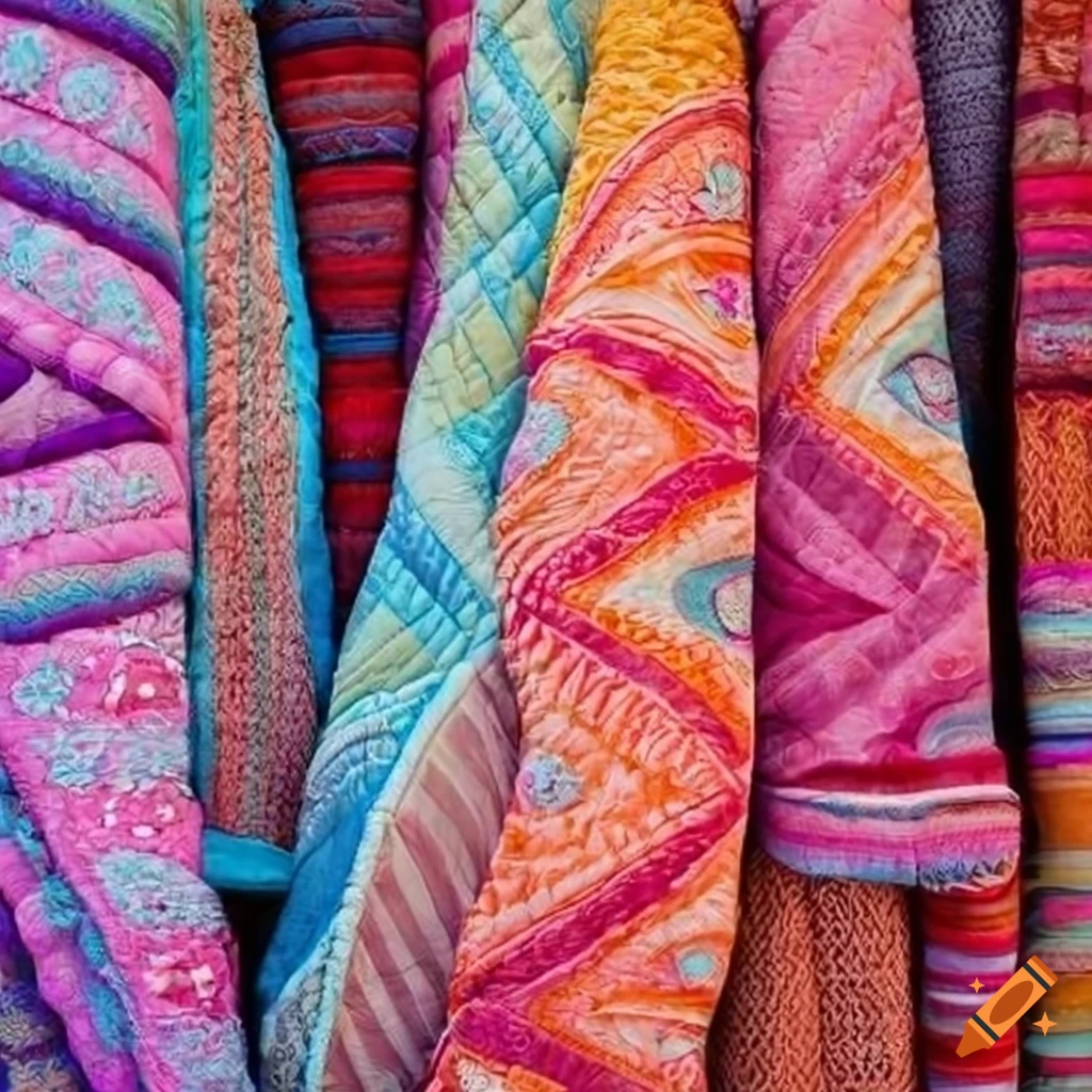 detail of pastel-colored Indian quilted blankets at a market stall