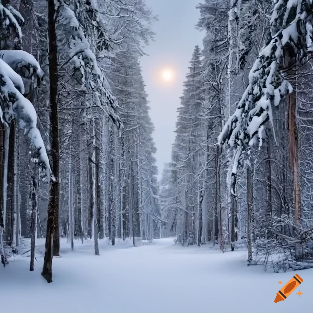 anime-style snowy winter forest with tall pine trees