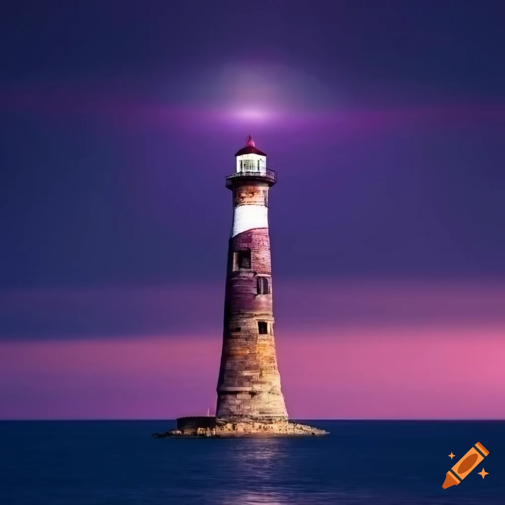 Lighthouse by the sea with bright colors and light beams sunset purple ...