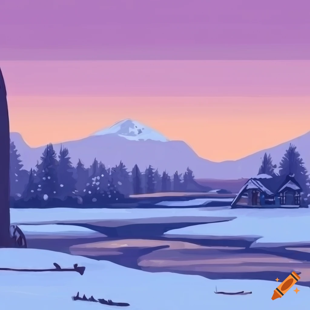 cartoon-style winter scene with snowfall and mountains