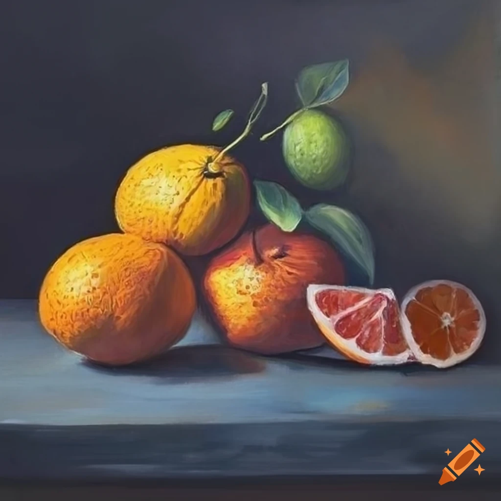 dark still life painting of citrus fruits
