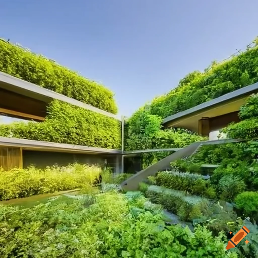 sustainable building with a lush rooftop garden