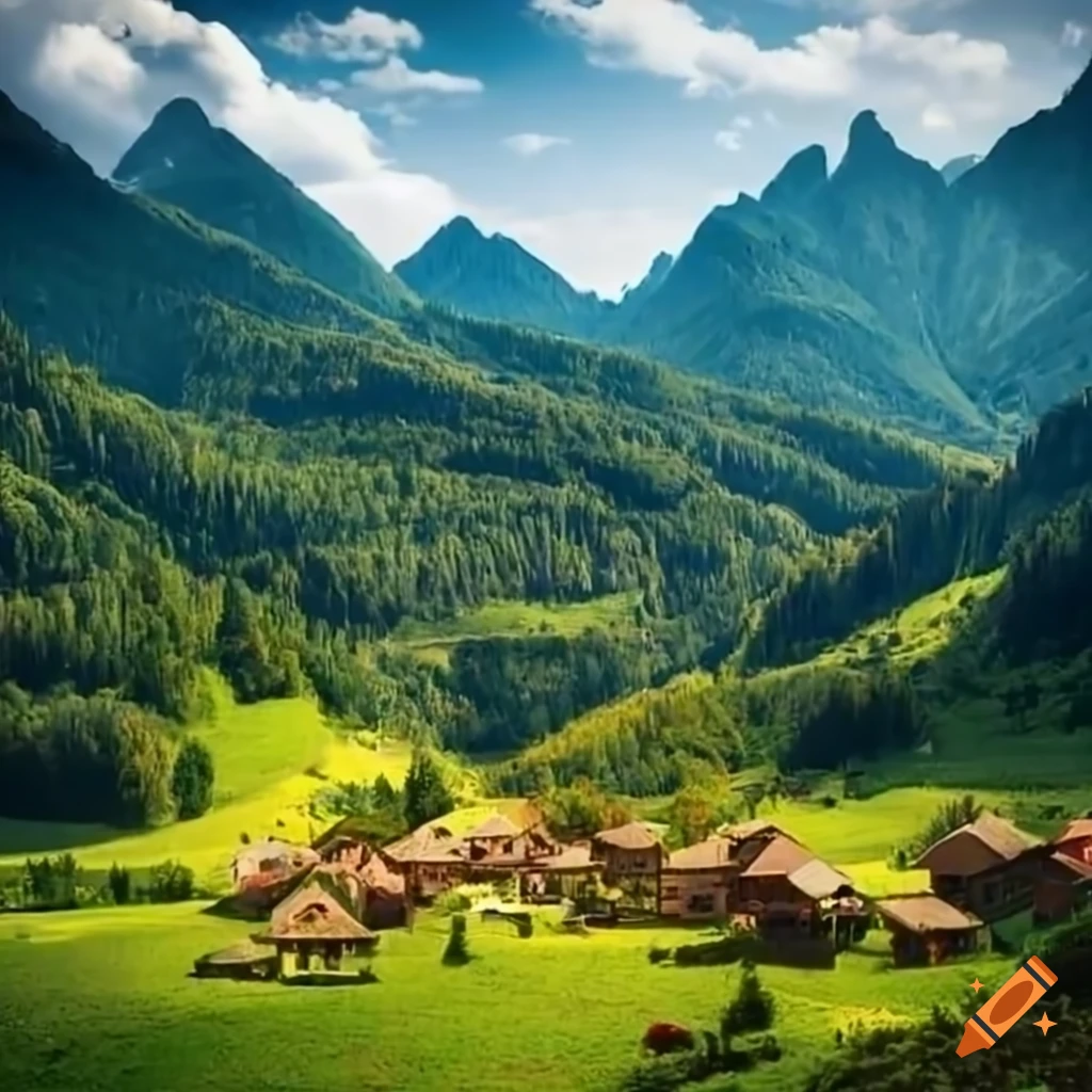 Peaceful village nestled at the foot of a majestic mountain range on ...