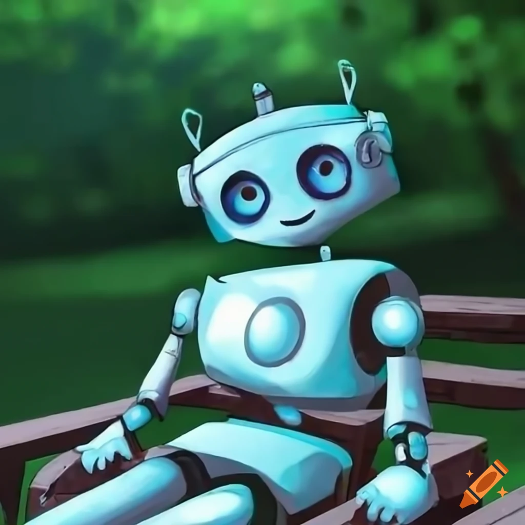 cute robot sitting on a bench in a park