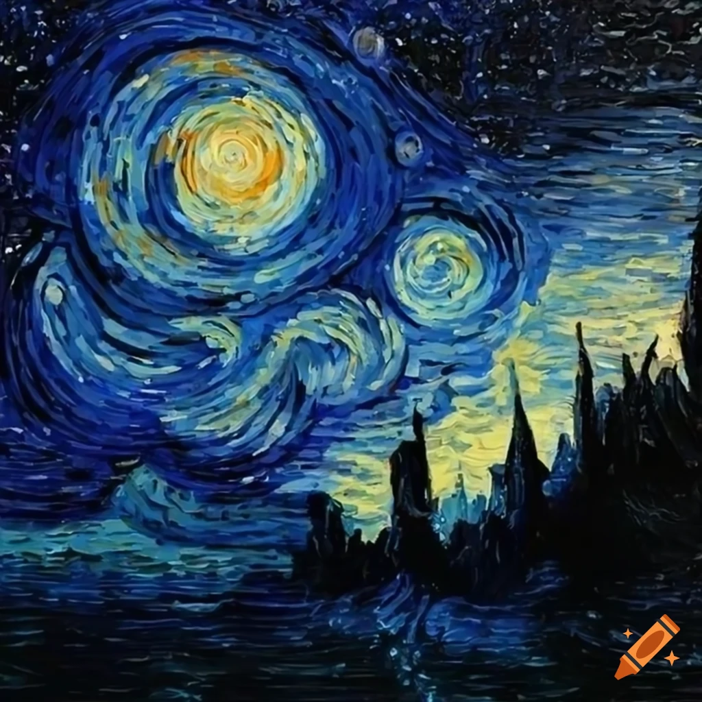 Starry night painting with mordor in the background on Craiyon