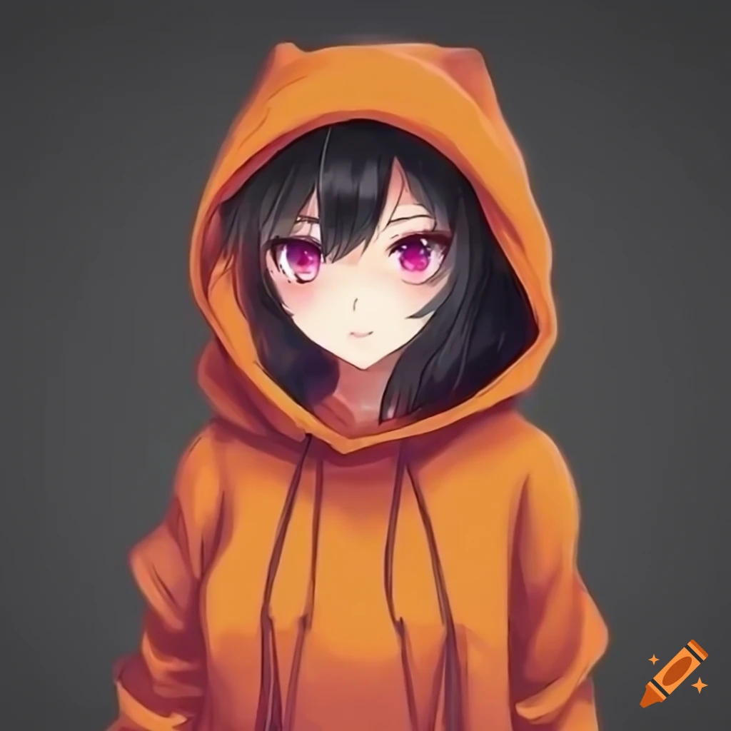 Anime girl in orange hoodie with black hair on Craiyon