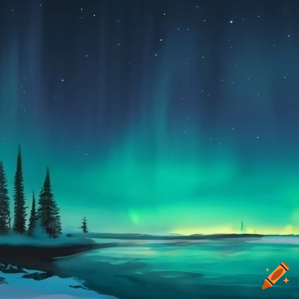 dark turquoise drawing of an arctic landscape with aurora borealis