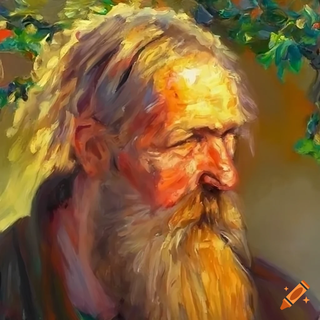 detailed oil painting of a blond bearded man in a garden