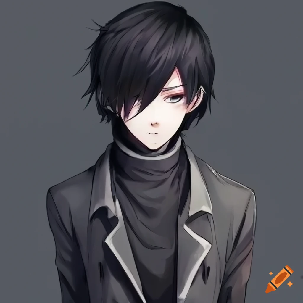 Anime boy with black hair and black clothes looking straight ahead