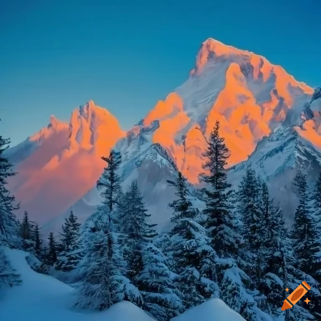 sunrise over snowy mountains with pine trees