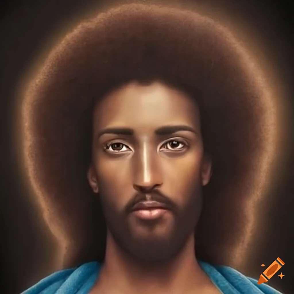 a portrait of Jesus with dark skin and afro hair