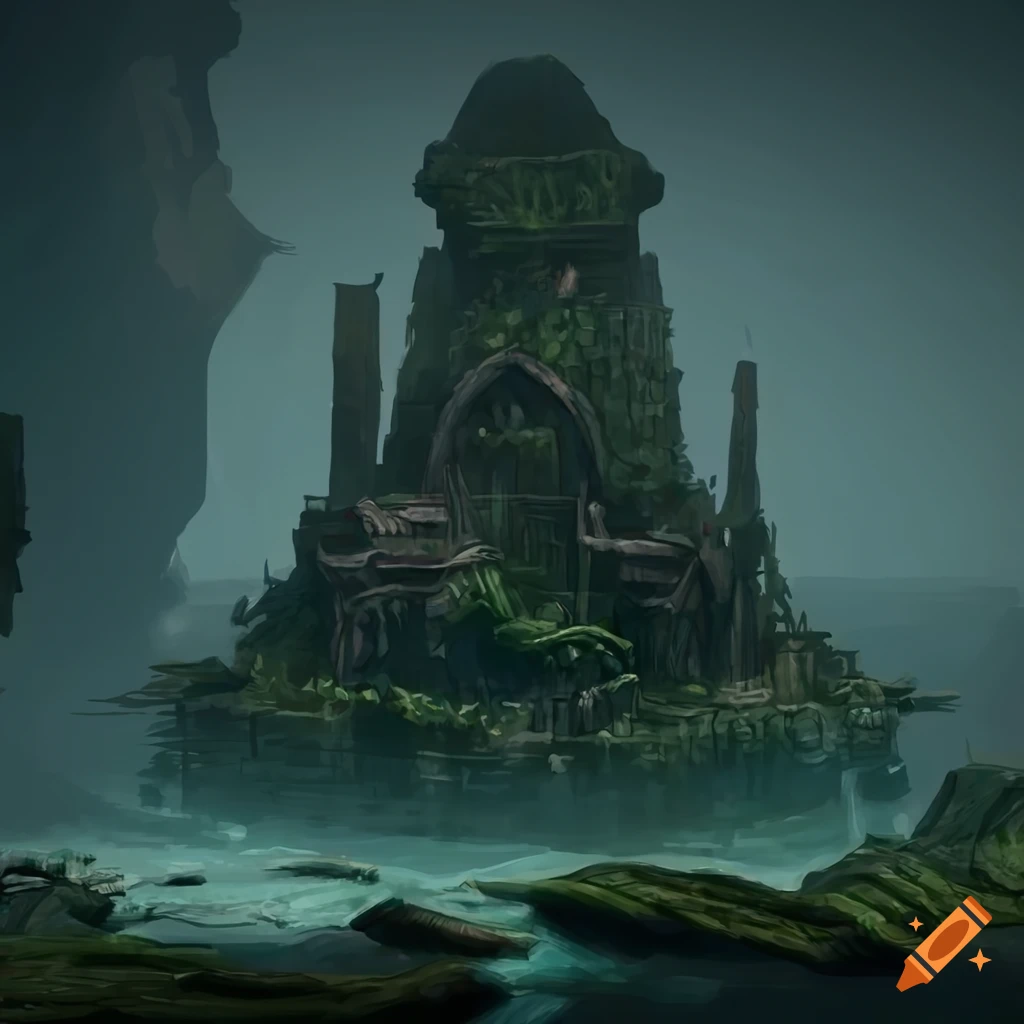 concept art of an ancient temple made with dark stone in a dark fantasy world on a floating island, ruins, trees, moss, overgrown, artstation, concept art, unreal engine 5
