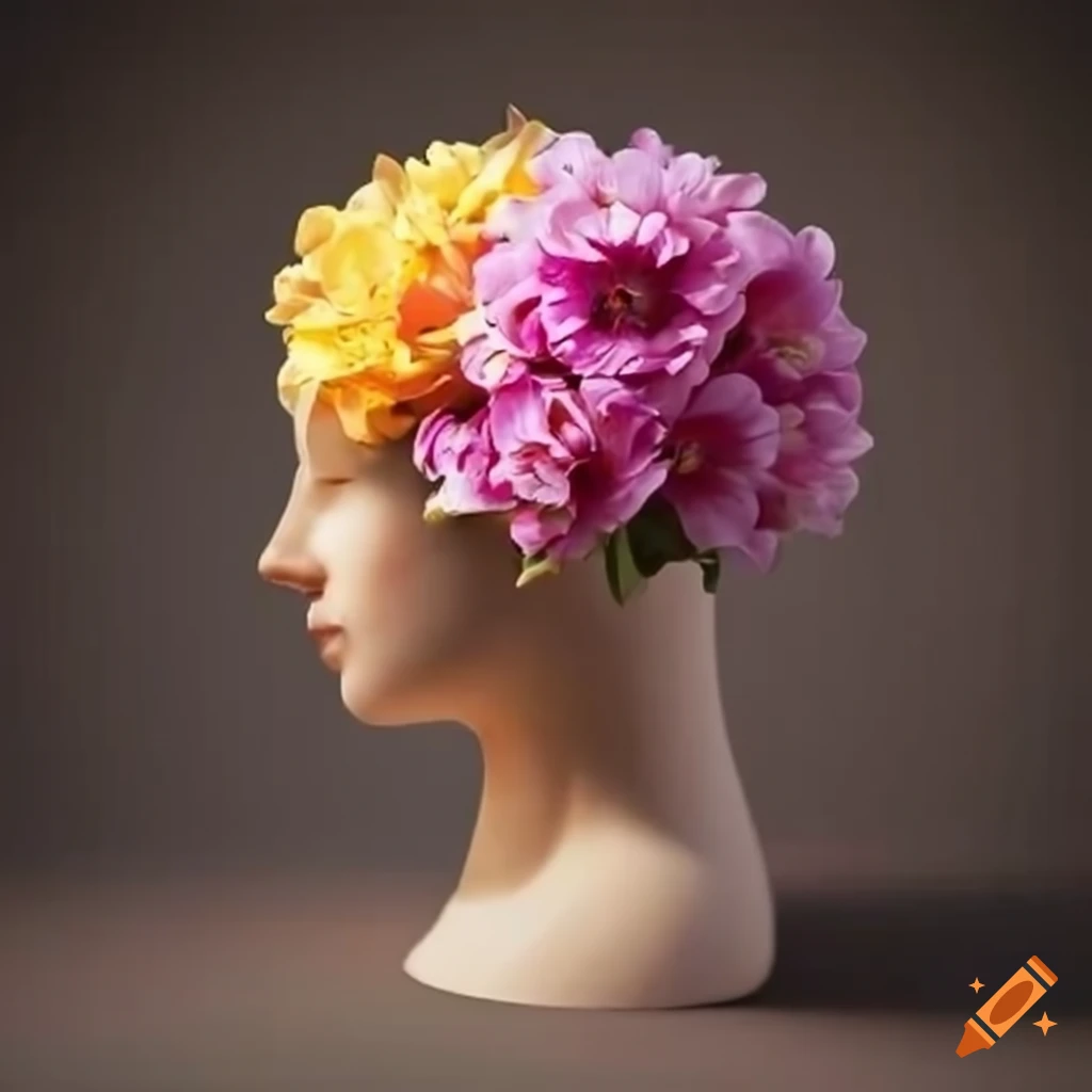 flower-filled vase shaped like a head