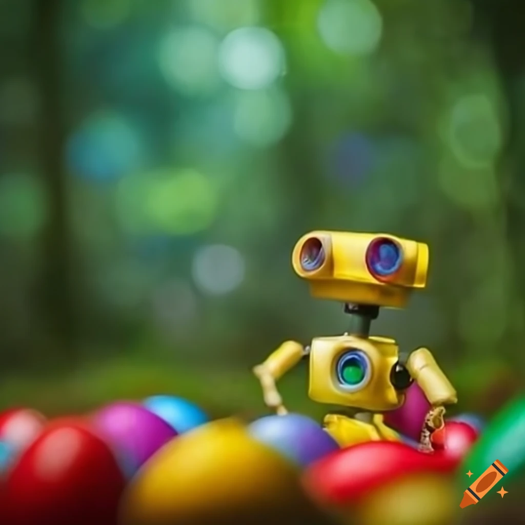 colorful robots playing with Easter eggs in the jungle