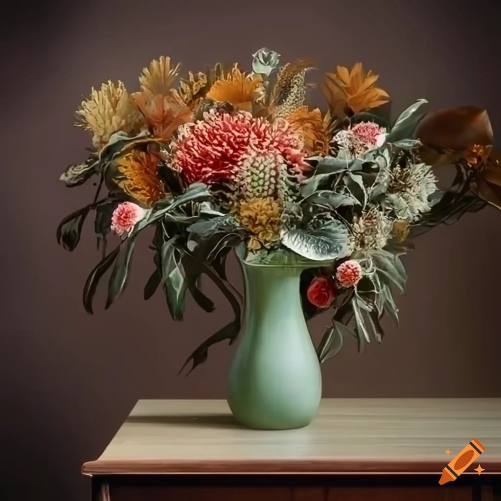 vibrant Dutch still life with Australian flora in a green vase
