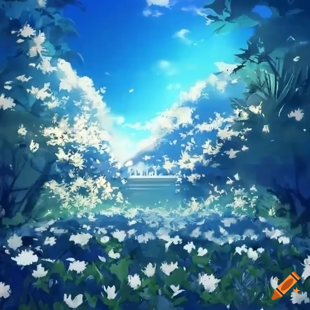 surreal anime-style world with white flowers and blue sky