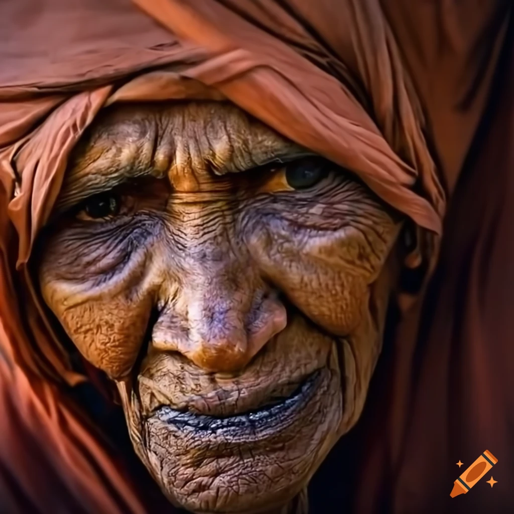 detailed portrait of an elderly woman in the Sahara desert