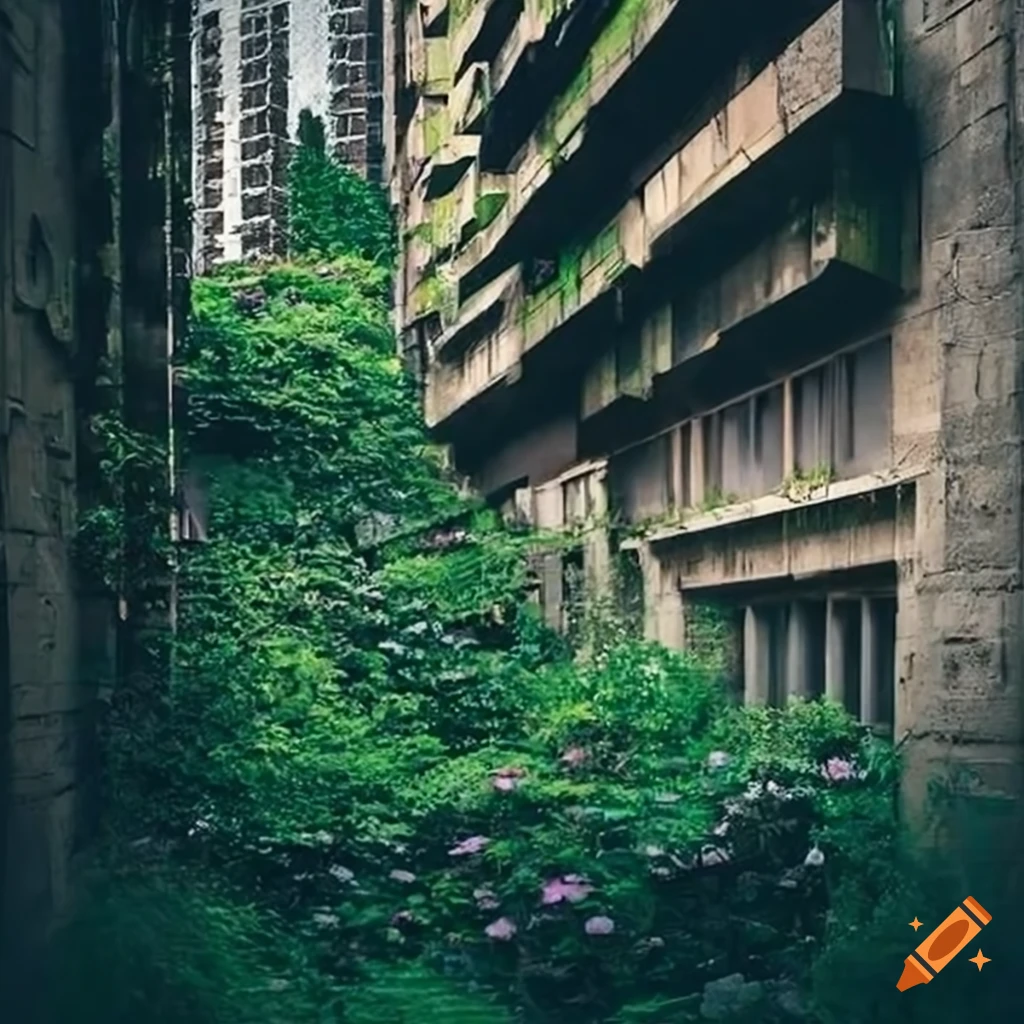 a city overgrown by flowers
