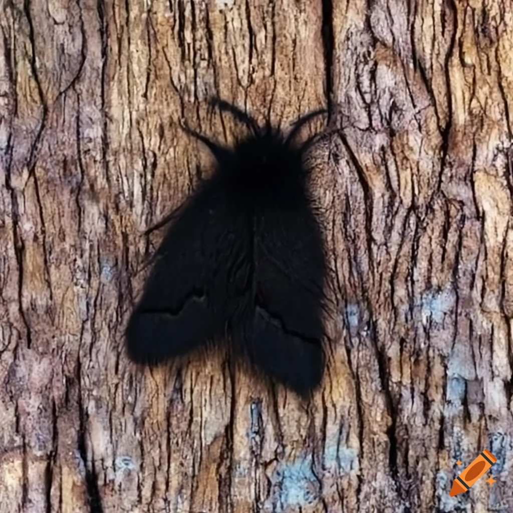 An inky black furry moth, very fluffy with big and fluffy antennae, shimmering stardust particles all over it