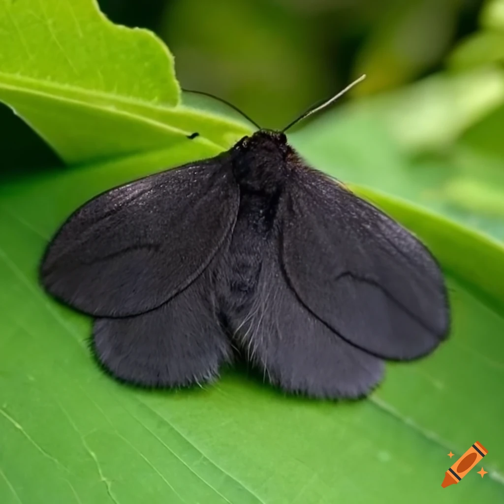 cute fluffy black moth on a leaf