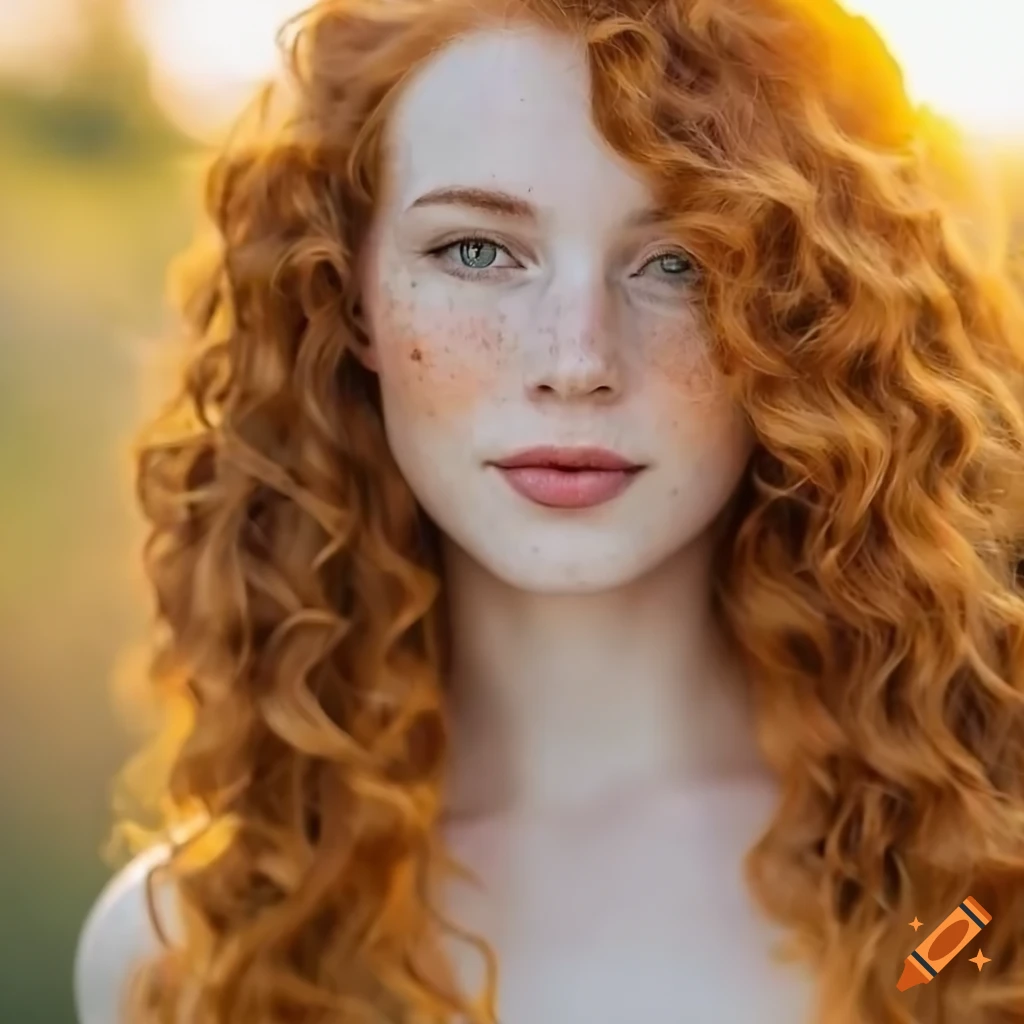 ginger woman portrait with wavy hair, freckles, photograph