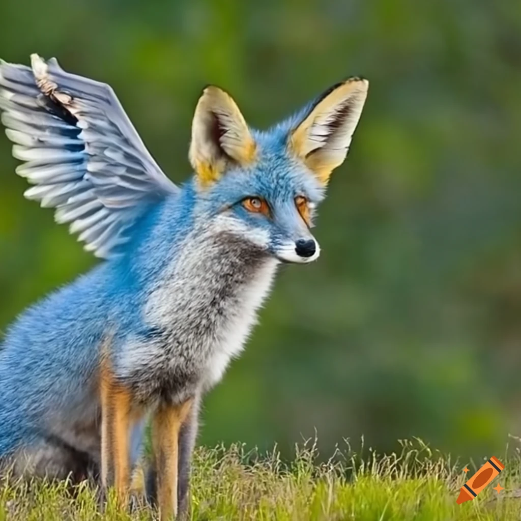 A blue fox with white feathery wings