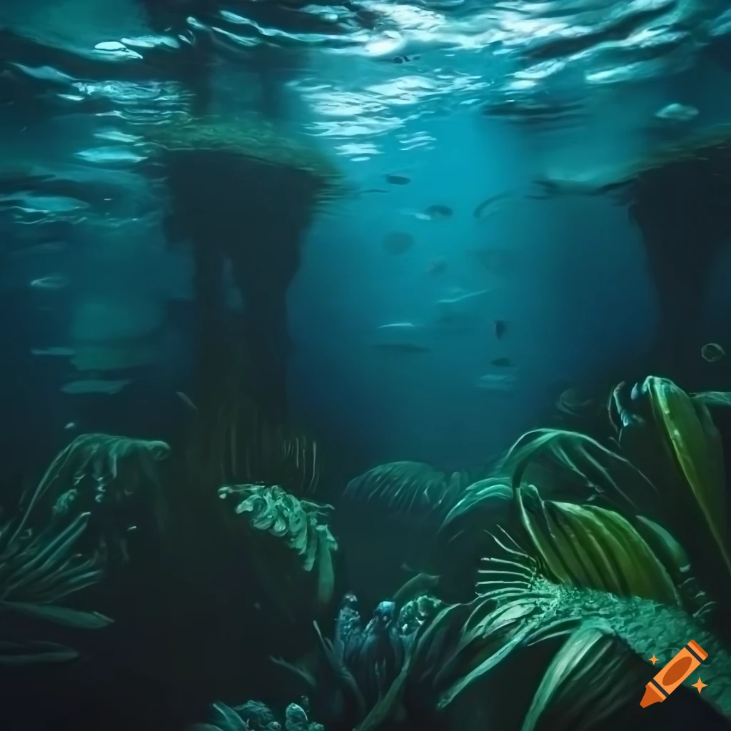 ocean plants and palm trees underwater