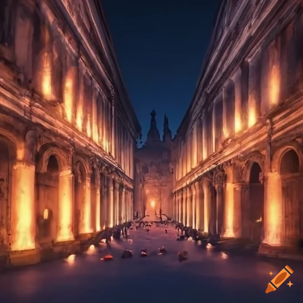 night view of an ancient Roman city square