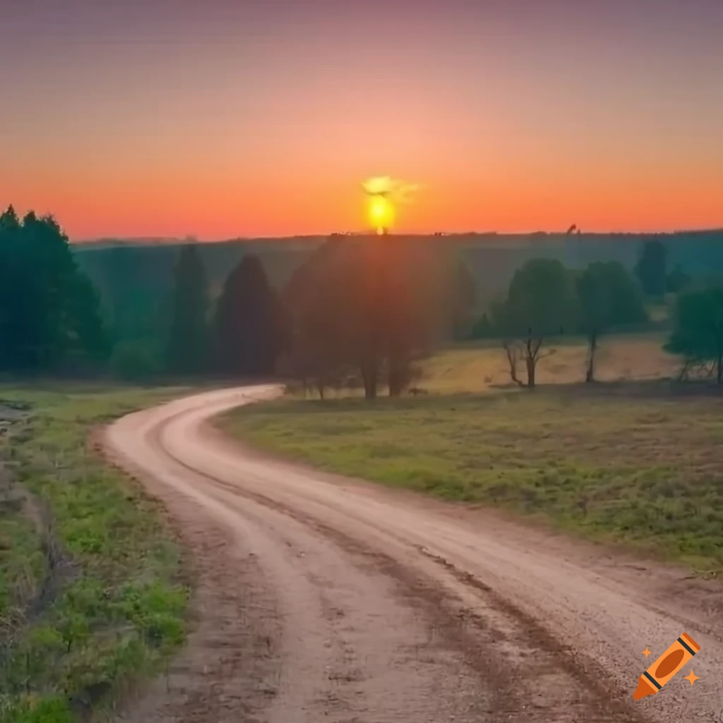 scenic country road at sunrise with red sun