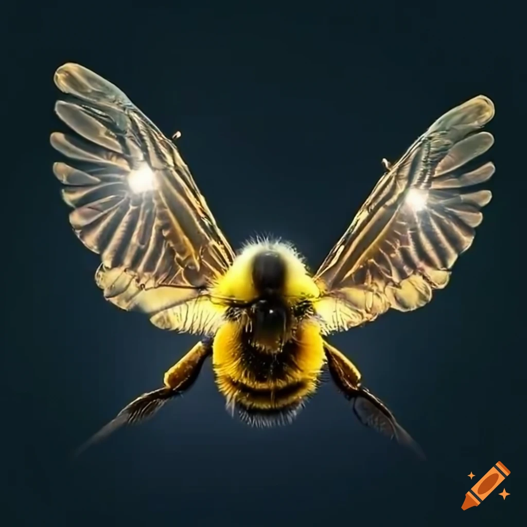 image of a majestic bumblebee with golden, glowing wings in flight