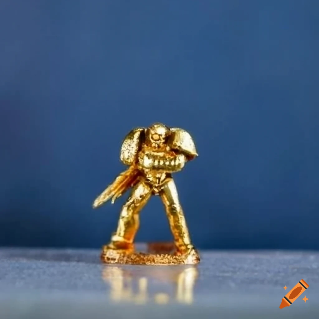 Space marine made of gold, gold, figure, white background, simple