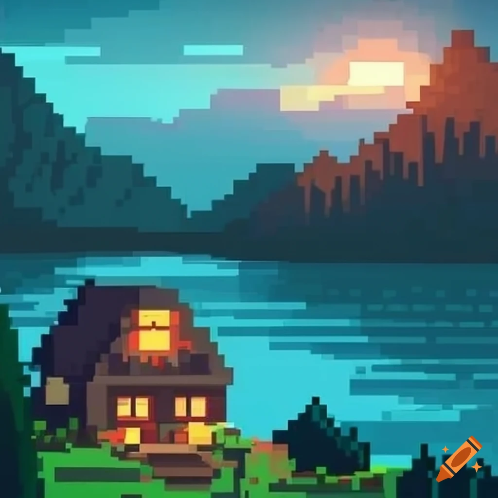 Pixel art mountain house by the lake on Craiyon
