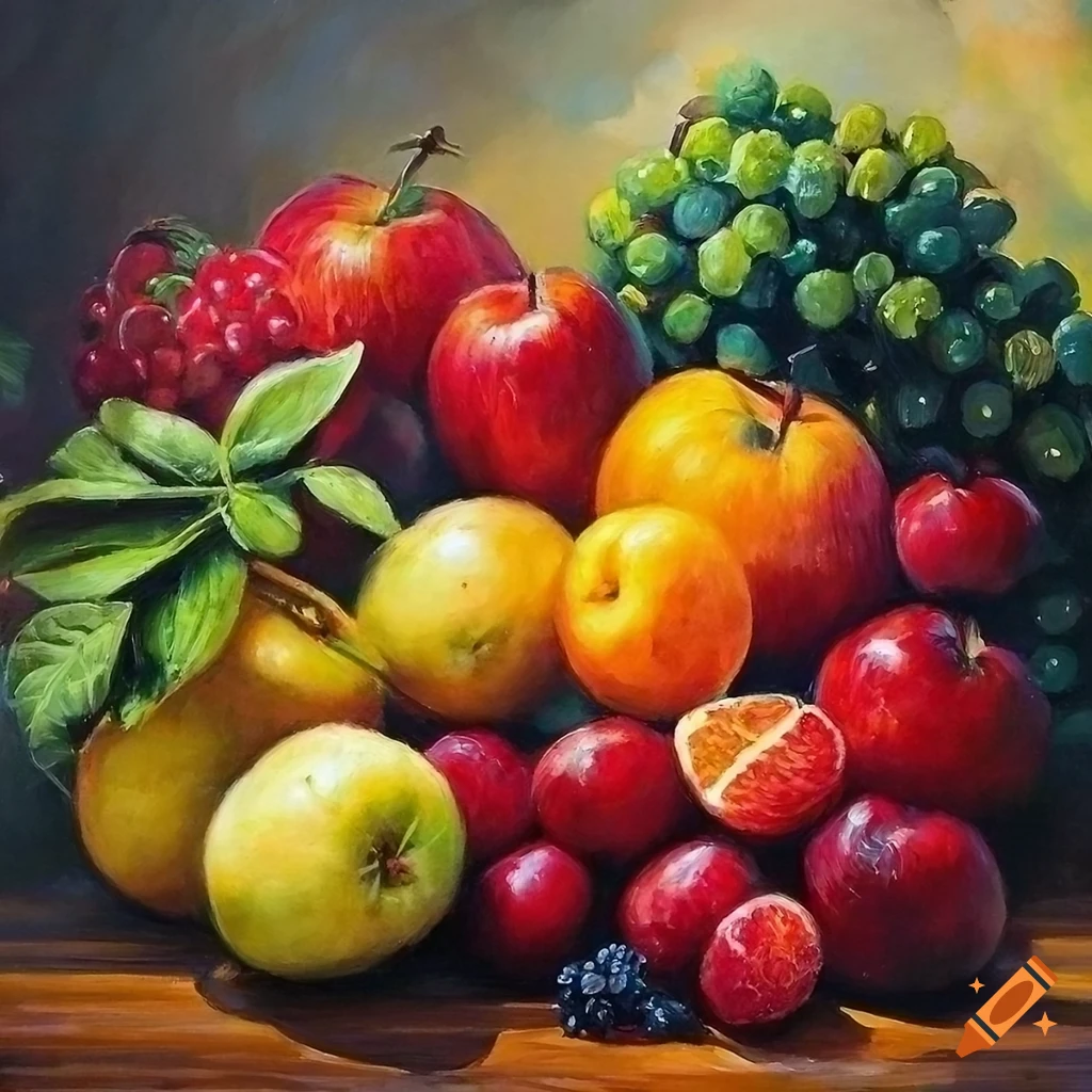 oil painting of a fruit-filled bedroom by Greg Rutkowski