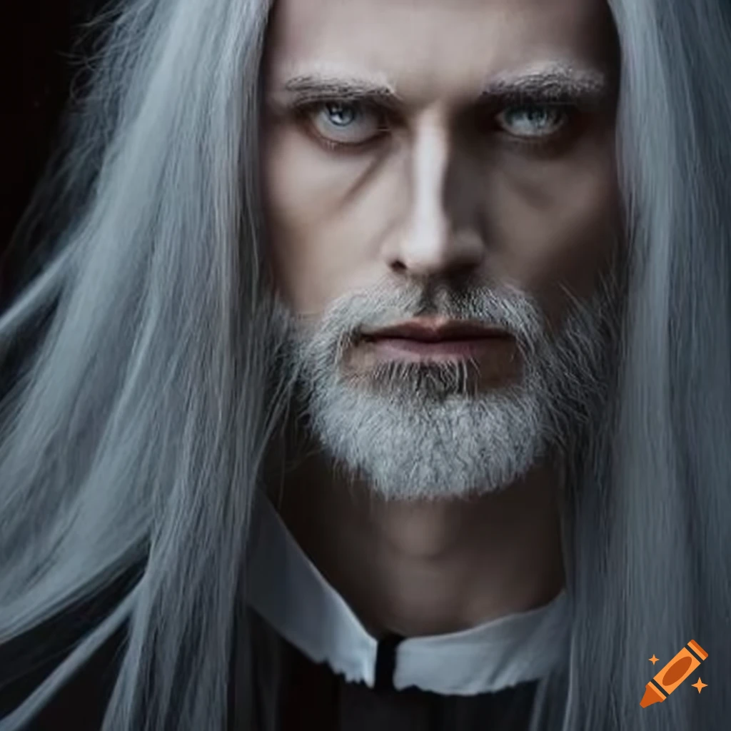 illustration of a male fantasy character with long gray hair and silver eyes