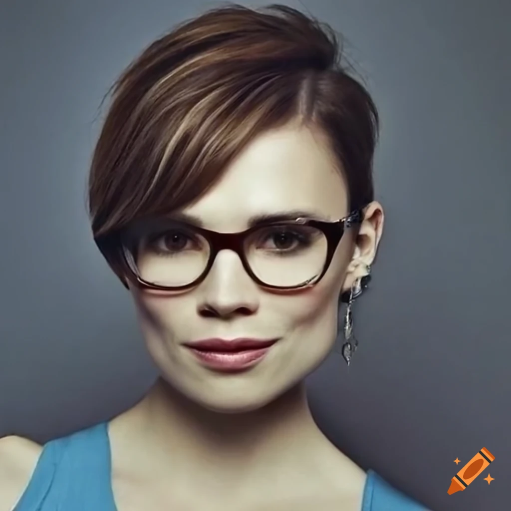 Hayley Atwell with short brown hair, glasses, and blue tank top