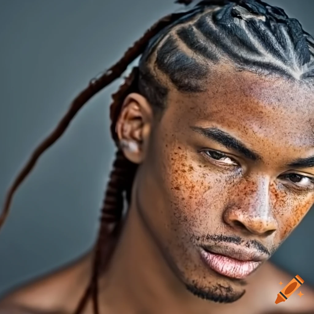 portrait of a handsome man with freckles and cornrow hair