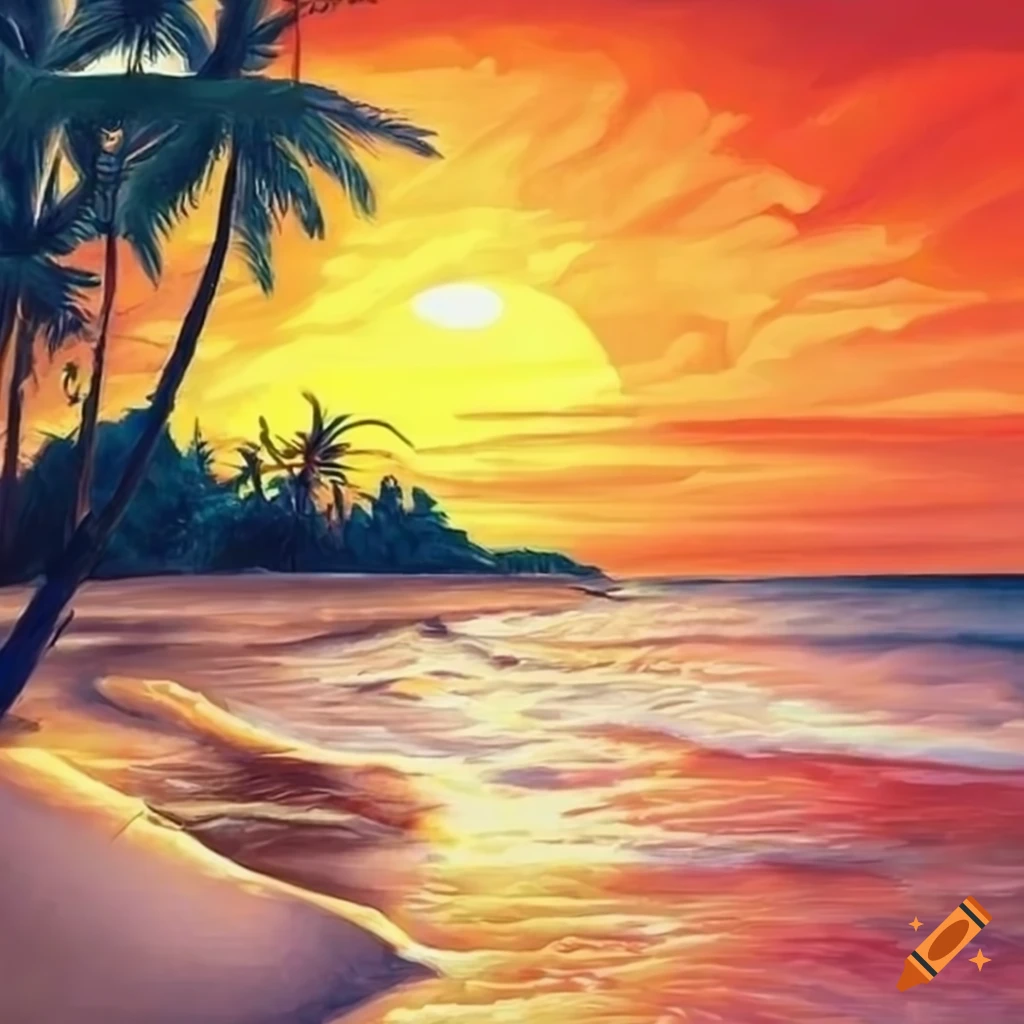 hyper realistic drawing of a tropical beach landscape with palm trees at sunset