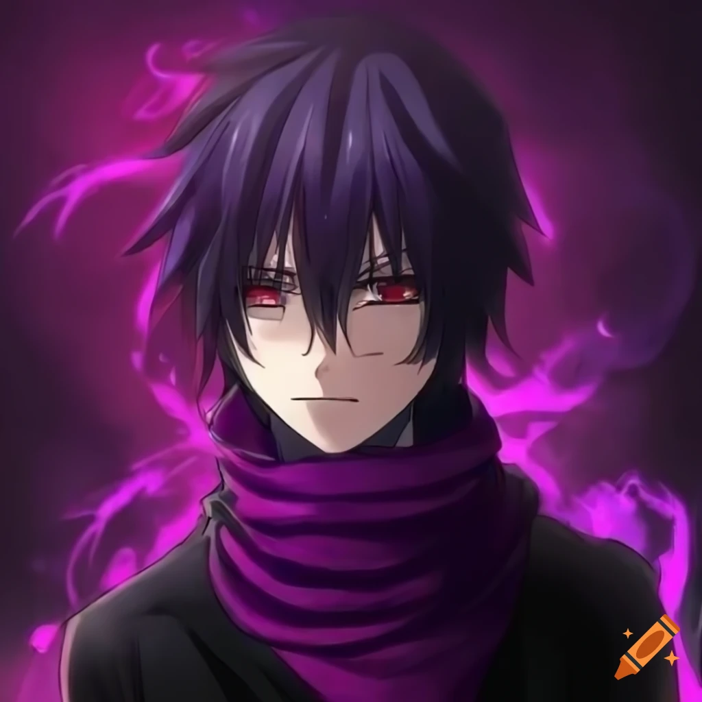 Anime character with black and purple hair, a black scarf around his neck, black clothes and he has dark aura
