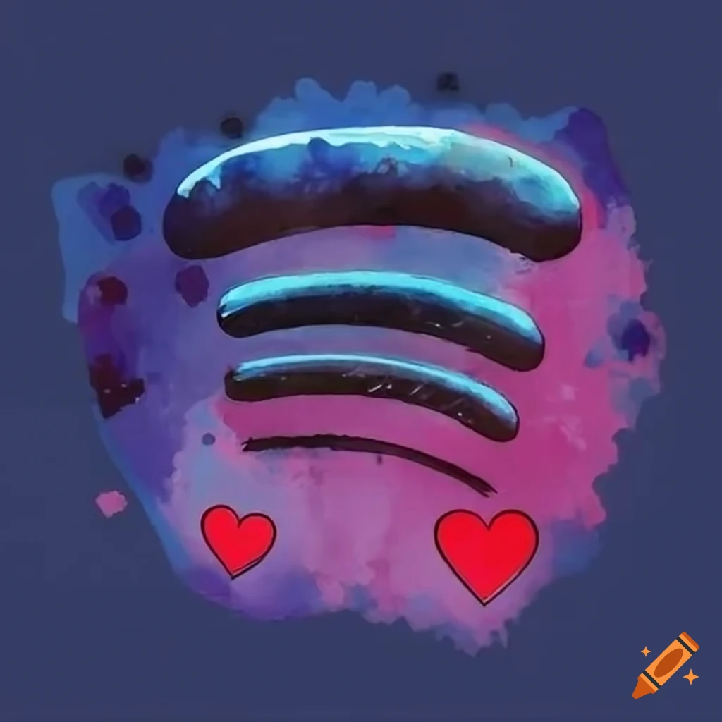 Vibrant watercolour spotify logo becomes eiffel tower in dark navy blue,  pure white and bright red hearts on Craiyon