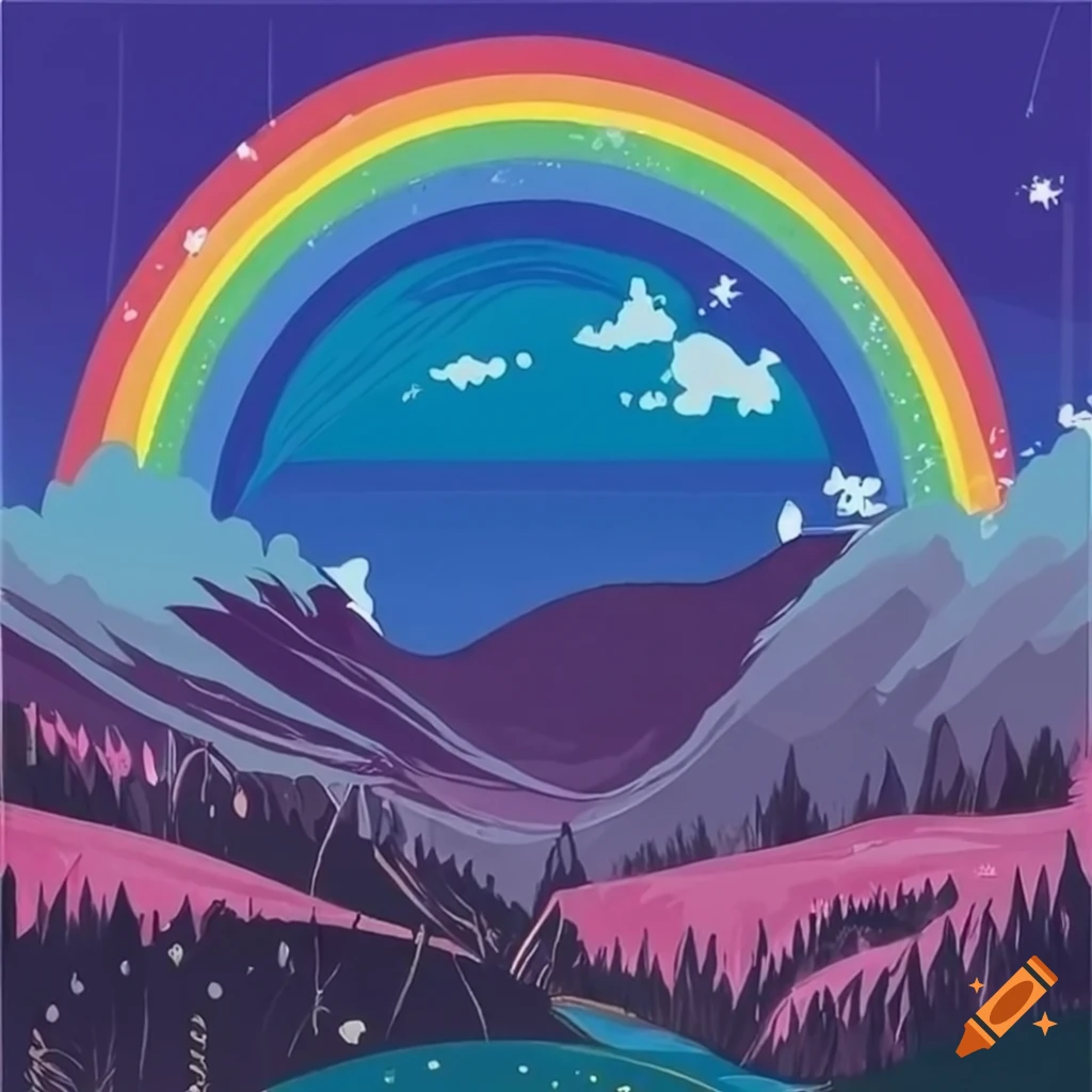 A beautiful landscape with a magical rainbow, rainbow, studio ghibli
