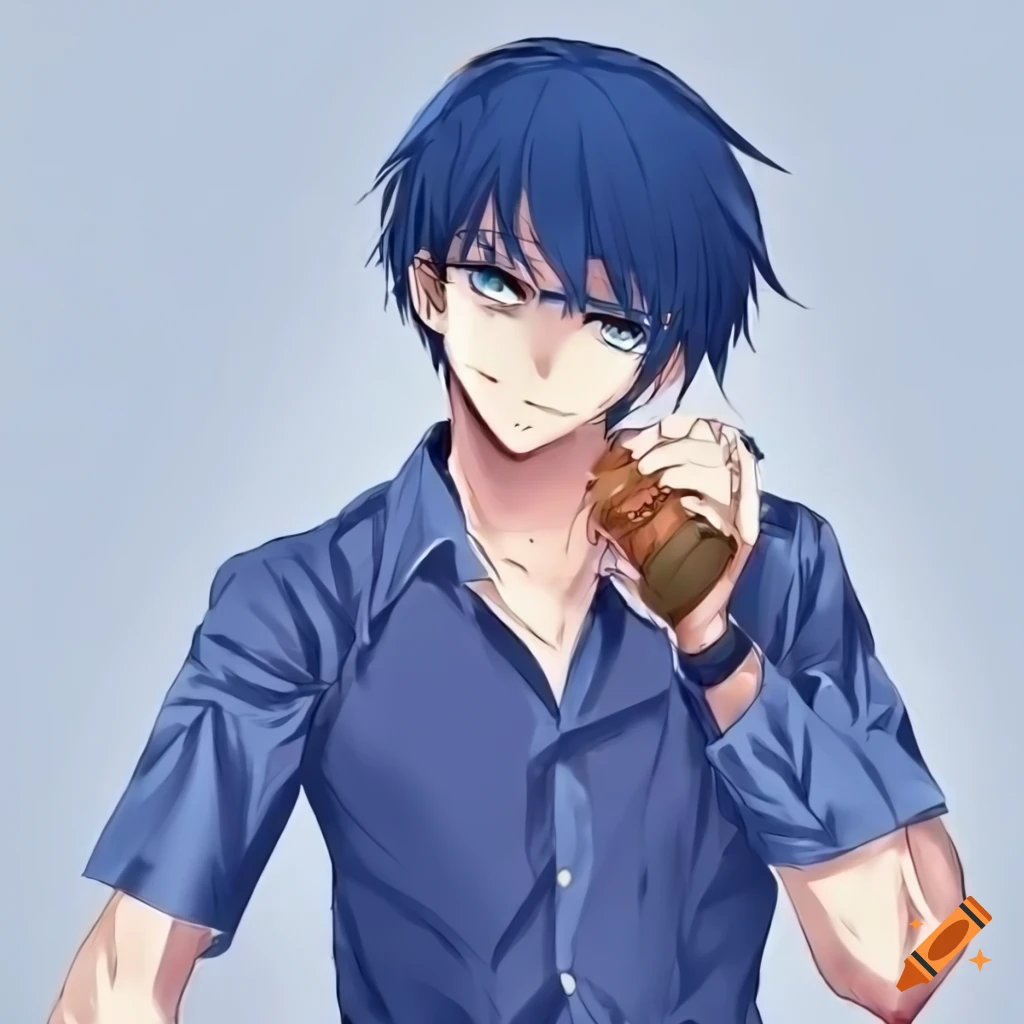 Anime man in a blue dress shirt