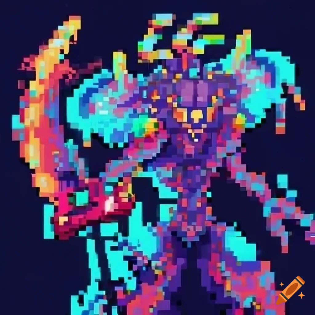 A detailed pixel art of a final videogame boss with bright colours in ...